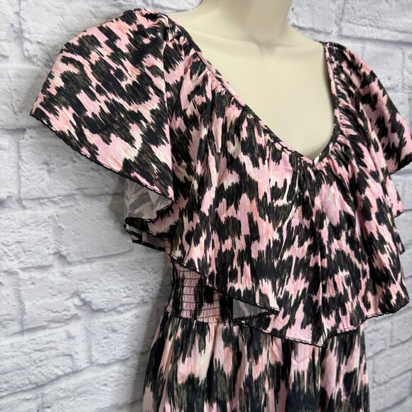 MariaCher Dabir Cotton Ruffle Trim V Neck Smocked Midi Dress Size S Pink Black - Picture 4 of 9